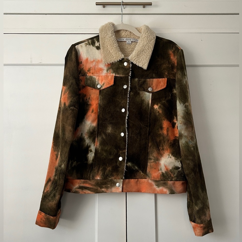 Vintage Hippie corduroy Tie Dye Jacket Size L green and peach🌲🍑